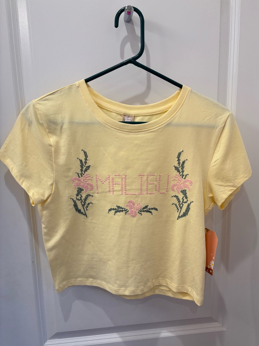 NWT Messy Bun Just Chillin Malibu Embroidered Yellow Crop Tee- L